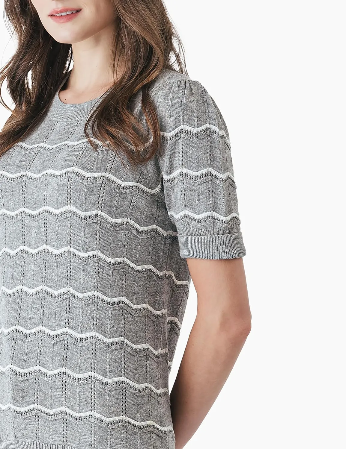 Cable Stitch Women's Chevron Stitch Short Sleeve Sweater Top - Zig-Zag Crewneck Lightweight Soft Knit