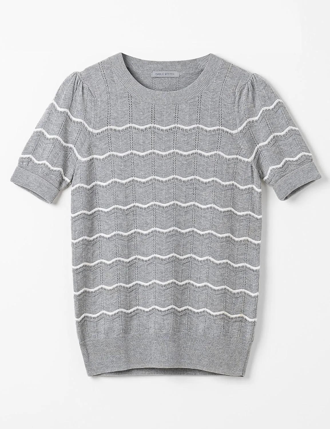Cable Stitch Women's Chevron Stitch Short Sleeve Sweater Top - Zig-Zag Crewneck Lightweight Soft Knit