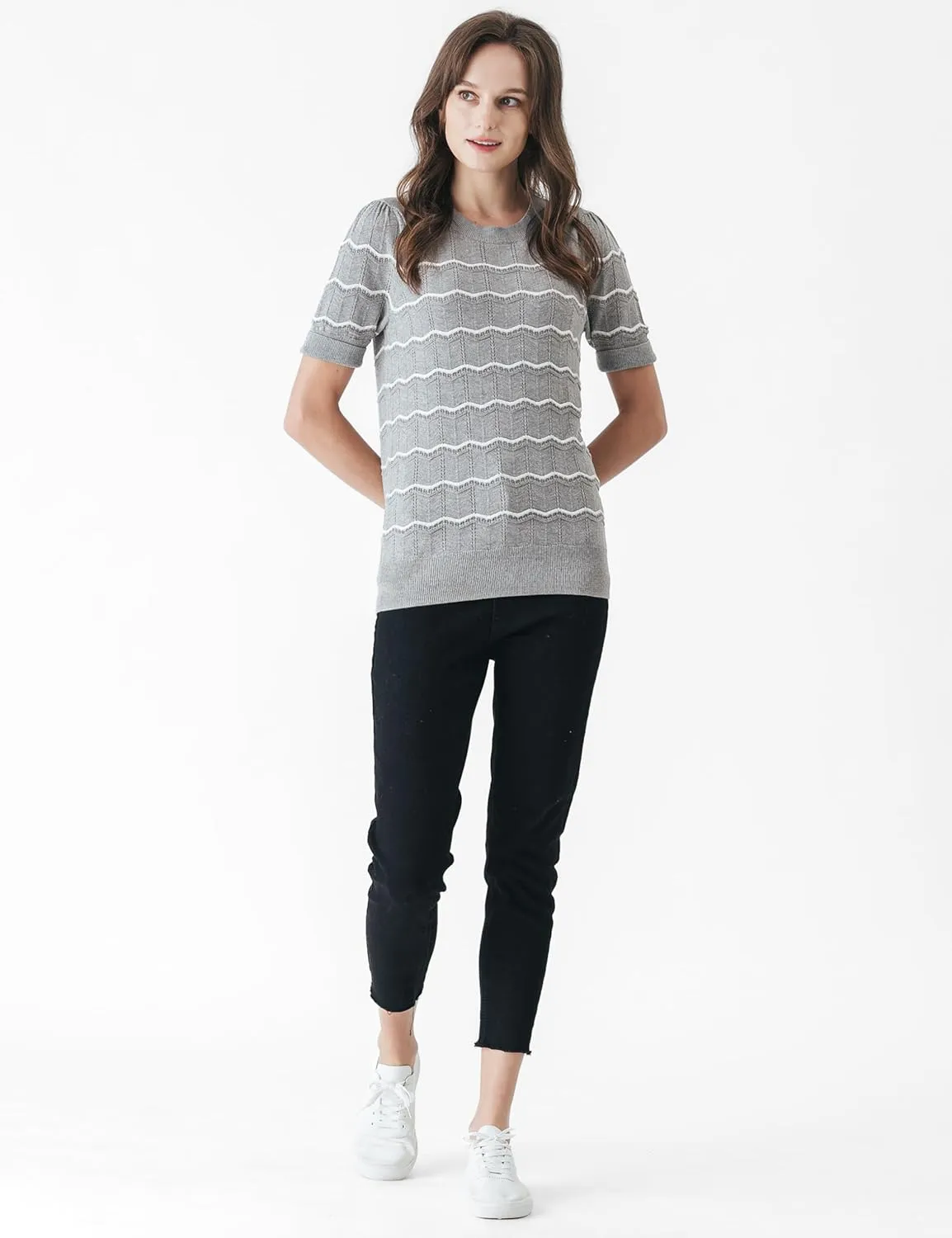 Cable Stitch Women's Chevron Stitch Short Sleeve Sweater Top - Zig-Zag Crewneck Lightweight Soft Knit