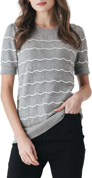 Cable Stitch Women's Chevron Stitch Short Sleeve Sweater Top - Zig-Zag Crewneck Lightweight Soft Knit