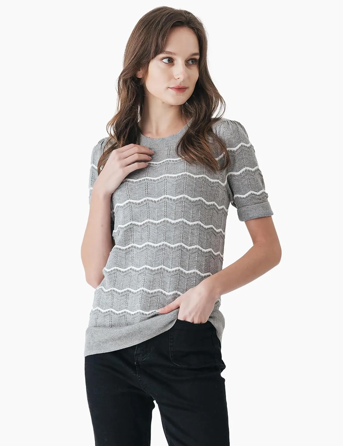 Cable Stitch Women's Chevron Stitch Short Sleeve Sweater Top - Zig-Zag Crewneck Lightweight Soft Knit