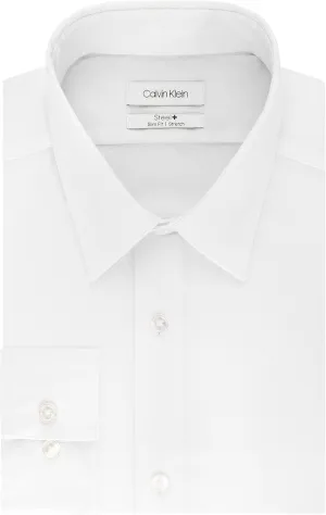 Calvin Klein Men's Non Iron Stretch Slim Fit Unsolid Solid Dress Shirt Shirt, White, 16.5" Neck 34-35" Sleeve