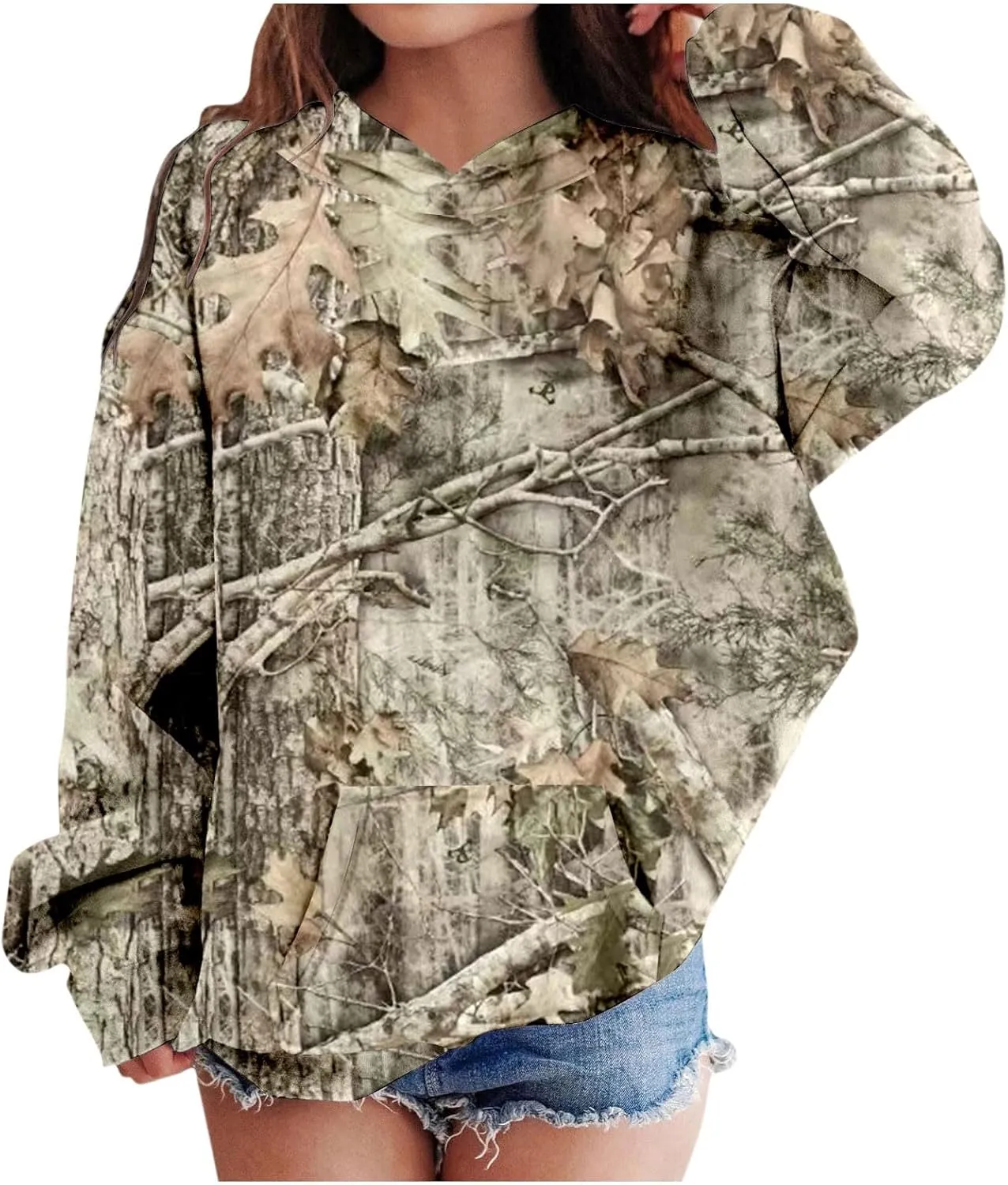 Camo Hoodies for Teen Girls Cute Sweatshirt Maple Leaf Print Oversized Fleece Sweatshirts Pullover Tops with Pocket
