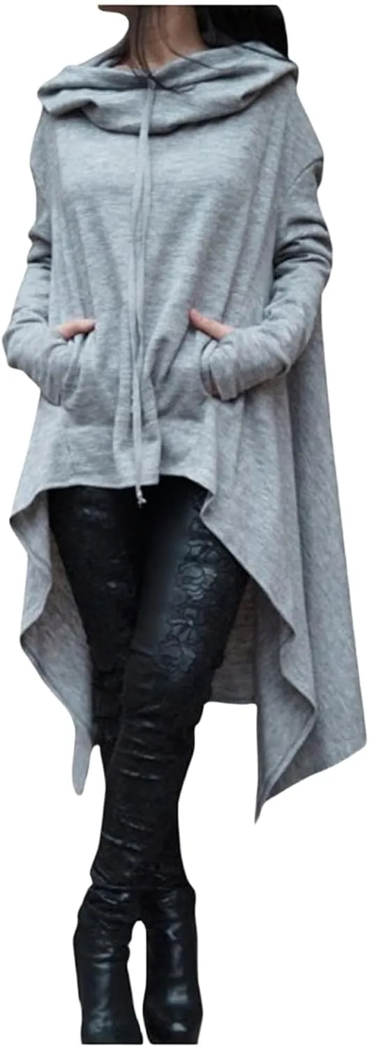 Canbebig Asymmetrical Tops for Women Casual Cowl Neck Long Sleeve Sweatshirts Loose Pullover Oversized Hoodies with Pockets