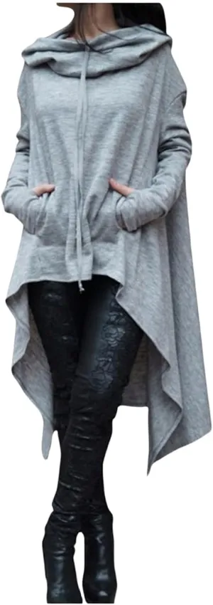 Canbebig Asymmetrical Tops for Women Casual Cowl Neck Long Sleeve Sweatshirts Loose Pullover Oversized Hoodies with Pockets