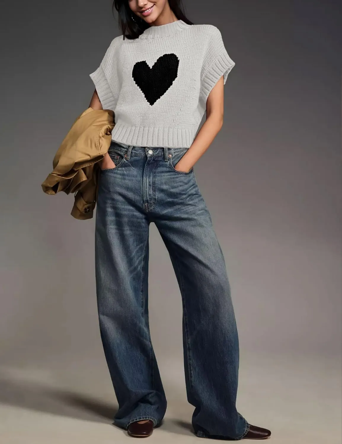 Cap Sleeve Sweater Tank Tops for Women Mock Neck Sweater Vest Cute Heart Knit Cropped Pullover Top