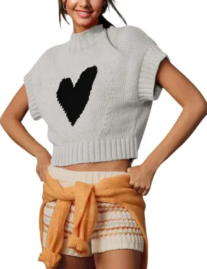 Cap Sleeve Sweater Tank Tops for Women Mock Neck Sweater Vest Cute Heart Knit Cropped Pullover Top