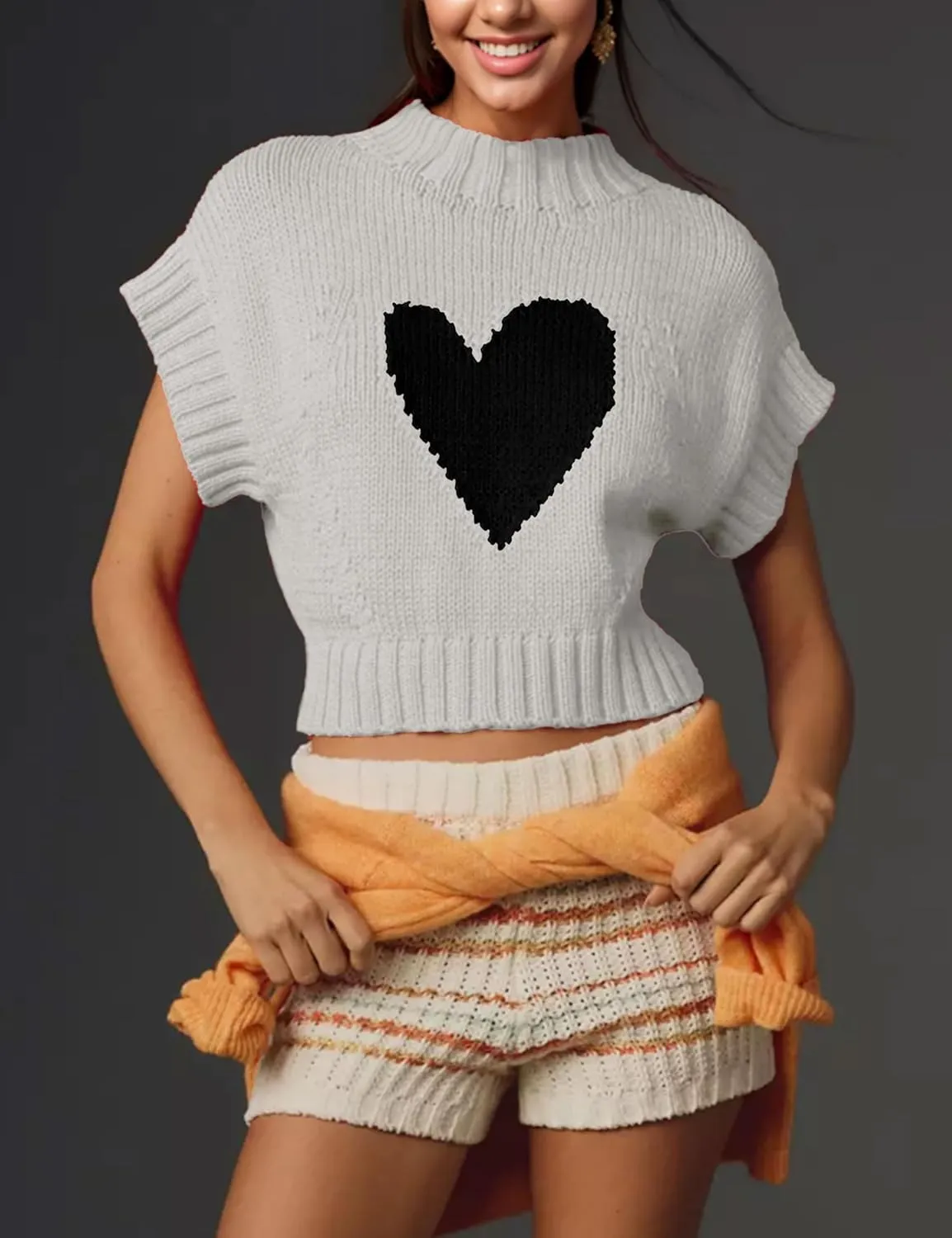 Cap Sleeve Sweater Tank Tops for Women Mock Neck Sweater Vest Cute Heart Knit Cropped Pullover Top