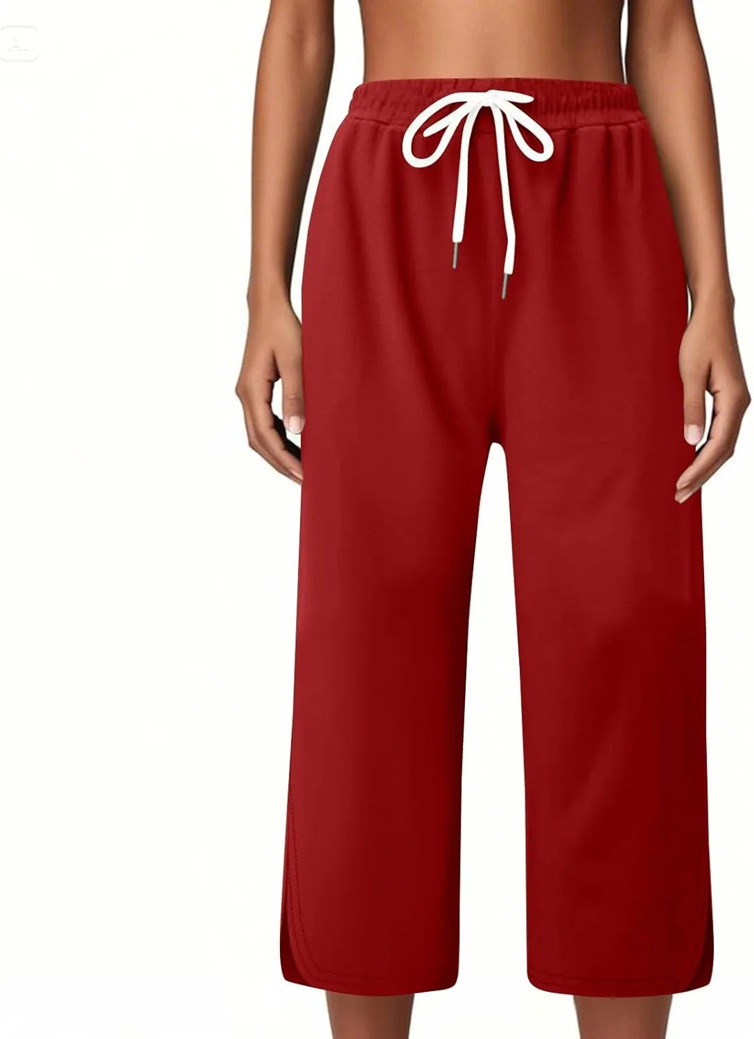 Capri Pants for Women Side Split Knee Length Elastic Waisted Drawstring Athletic Workout Yoga Pants with Pockets