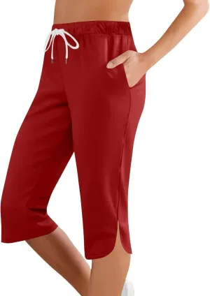 Capri Pants for Women Side Split Knee Length Elastic Waisted Drawstring Athletic Workout Yoga Pants with Pockets