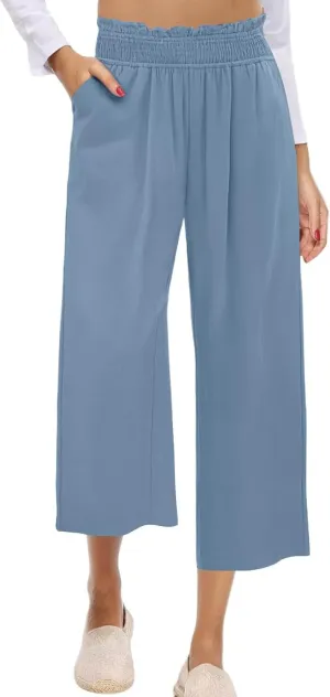Capri Pants for Women Summer Linen Elastic Waisted Cropped Pants Straight Flowy Wide Leg Trousers with Pockets