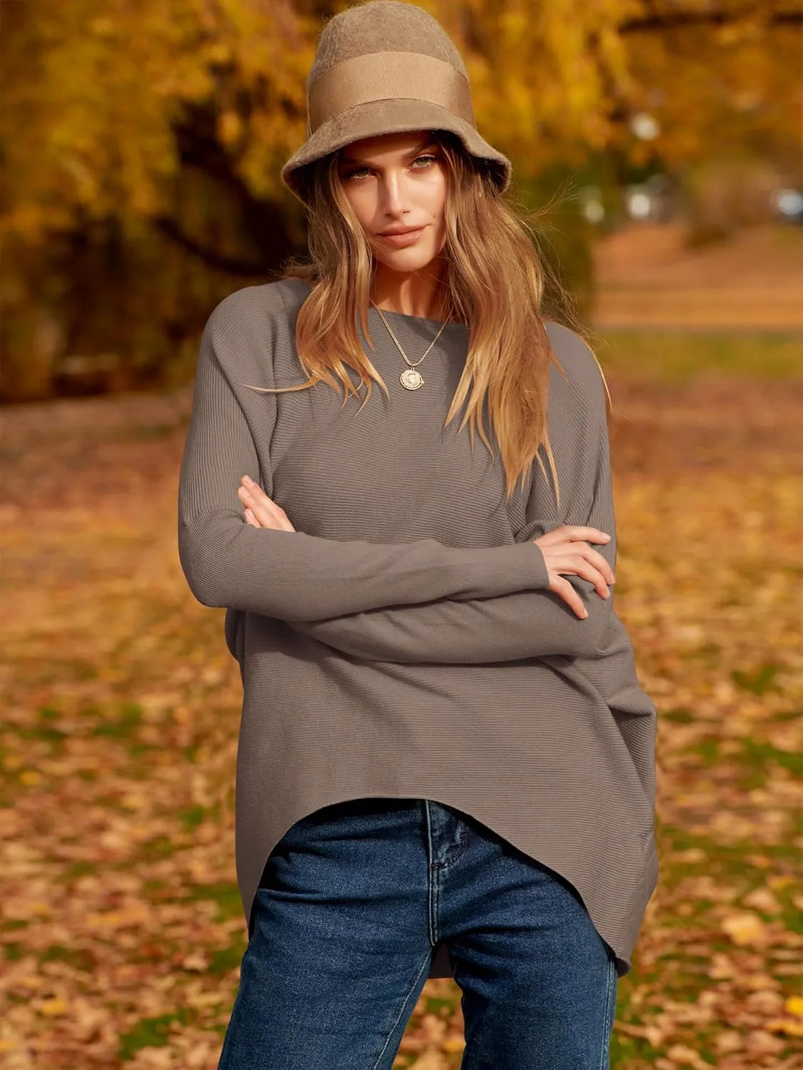 Caracilia Women Boat Neck Batwing Long Sleeve 2024 Fall Oversized Ribbed Knit Pullover Sweaters Baggy Jumper Tunic Tops
