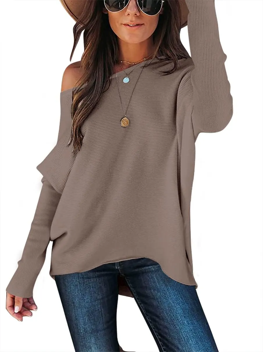 Caracilia Women Boat Neck Batwing Long Sleeve 2024 Fall Oversized Ribbed Knit Pullover Sweaters Baggy Jumper Tunic Tops