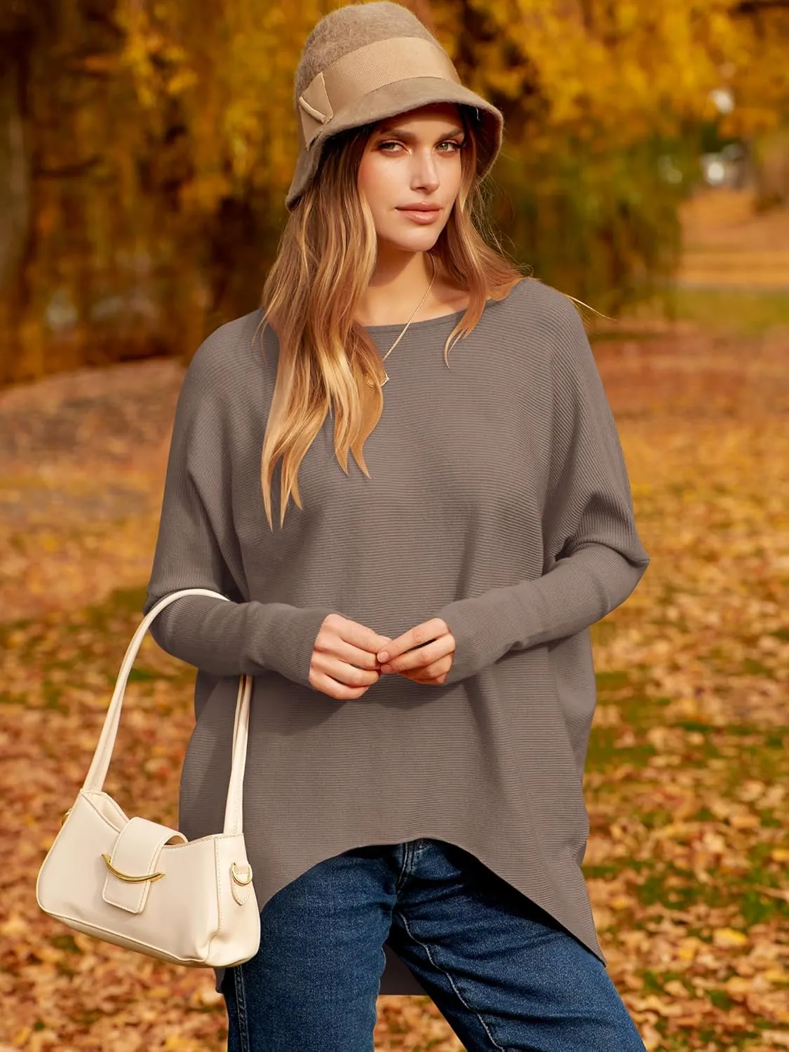 Caracilia Women Boat Neck Batwing Long Sleeve 2024 Fall Oversized Ribbed Knit Pullover Sweaters Baggy Jumper Tunic Tops