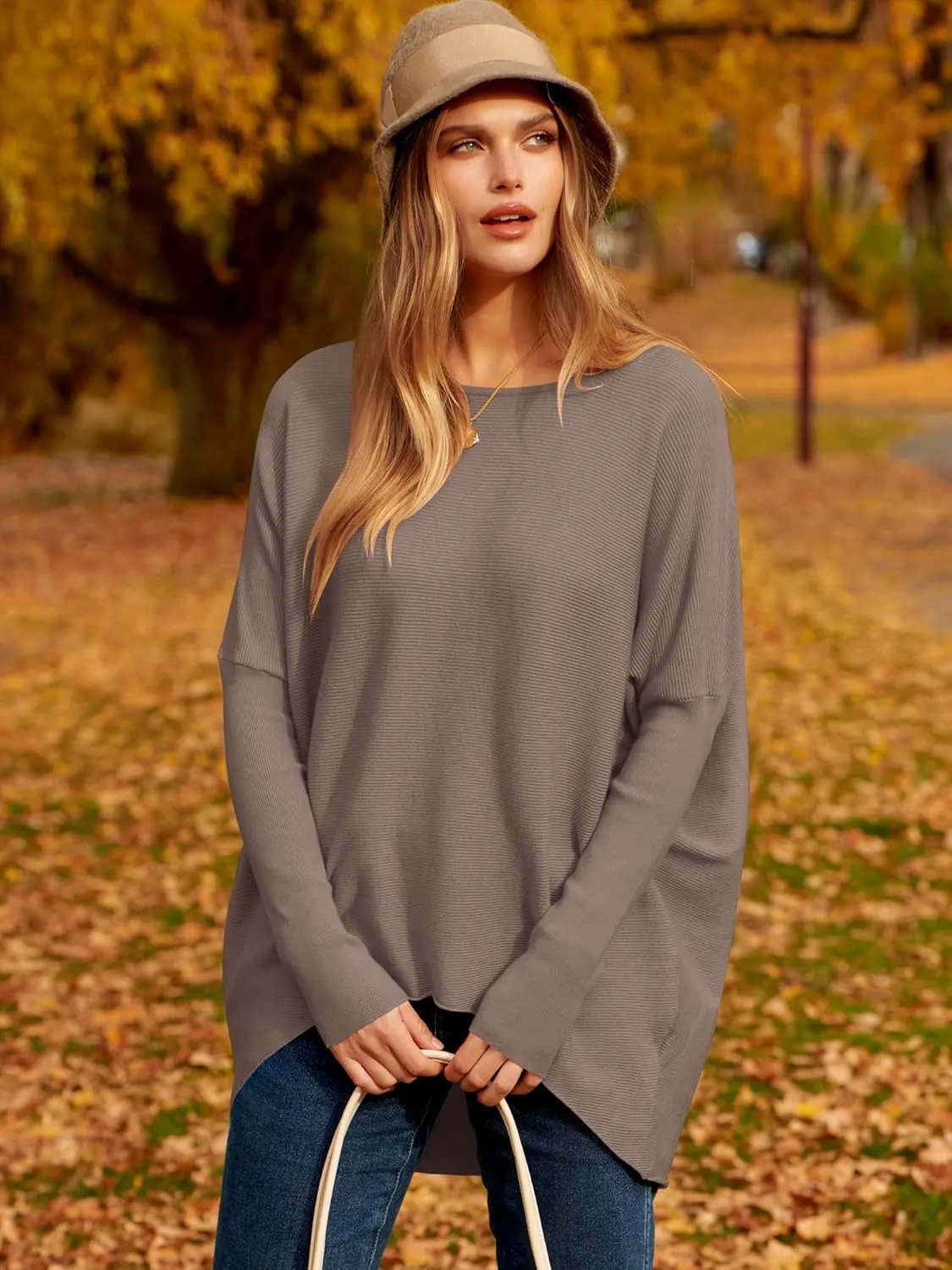 Caracilia Women Boat Neck Batwing Long Sleeve 2024 Fall Oversized Ribbed Knit Pullover Sweaters Baggy Jumper Tunic Tops