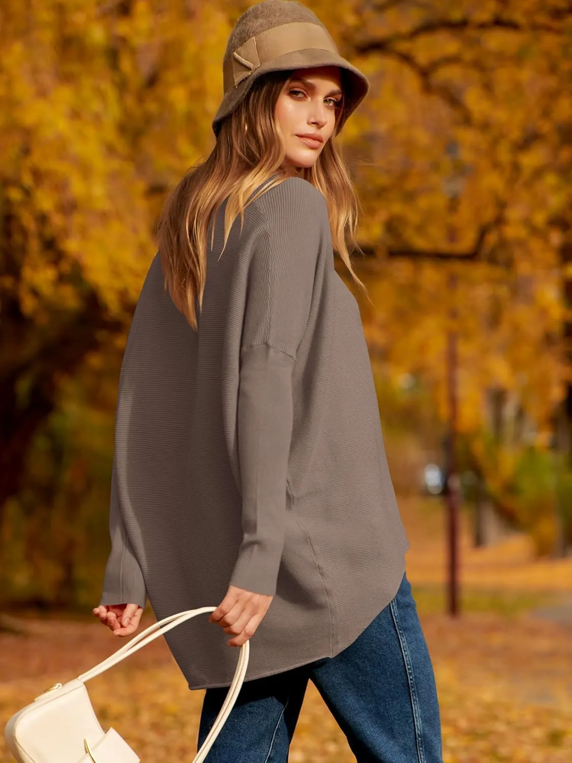 Caracilia Women Boat Neck Batwing Long Sleeve 2024 Fall Oversized Ribbed Knit Pullover Sweaters Baggy Jumper Tunic Tops