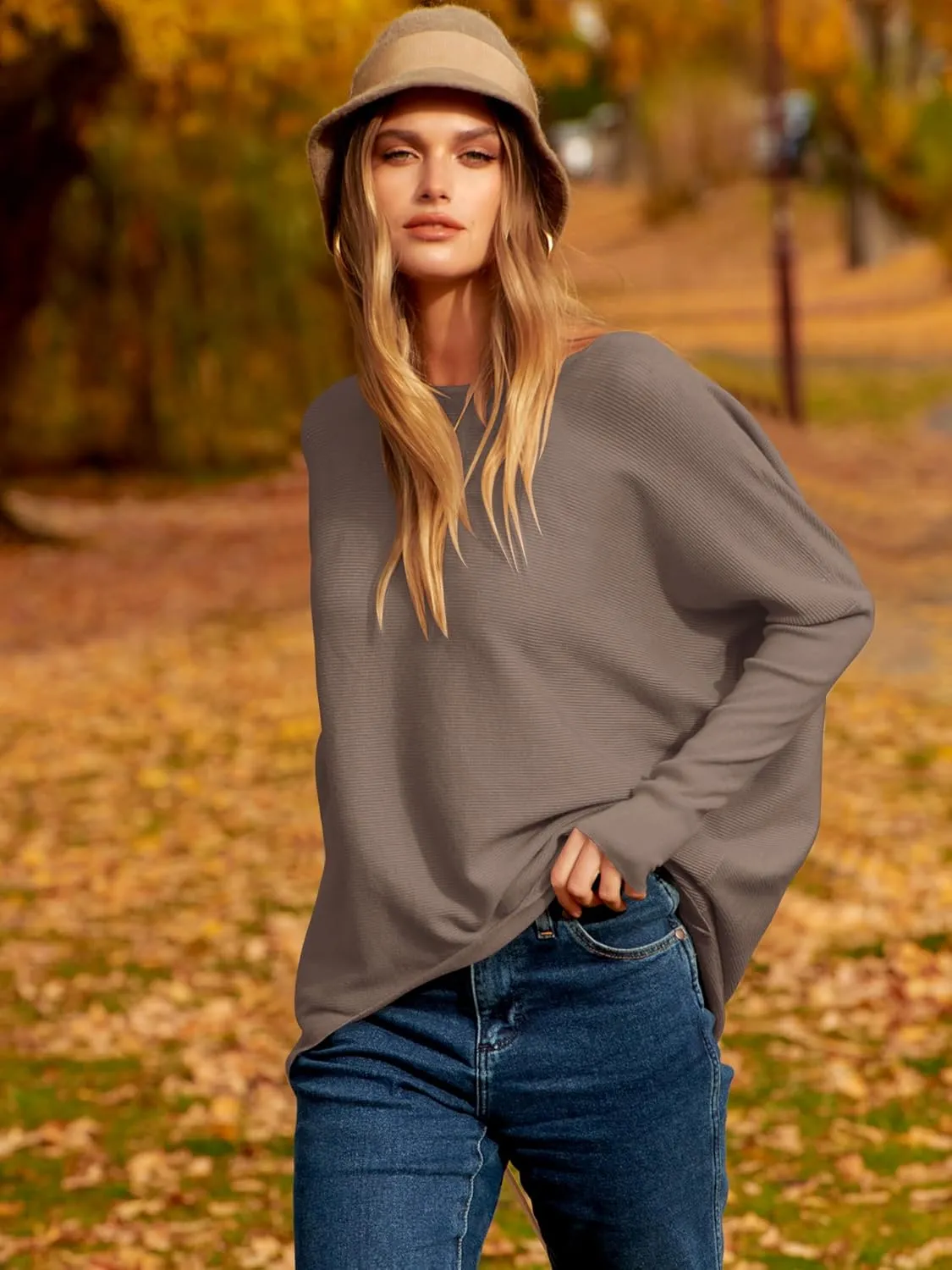 Caracilia Women Boat Neck Batwing Long Sleeve 2024 Fall Oversized Ribbed Knit Pullover Sweaters Baggy Jumper Tunic Tops