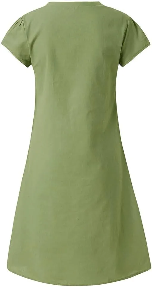 Casual Mini Dresses For Women Summer Cotton Linen V-neck T Shirt Sundresses Loose Fit Solid Beach Vacation Dress