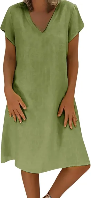 Casual Mini Dresses For Women Summer Cotton Linen V-neck T Shirt Sundresses Loose Fit Solid Beach Vacation Dress