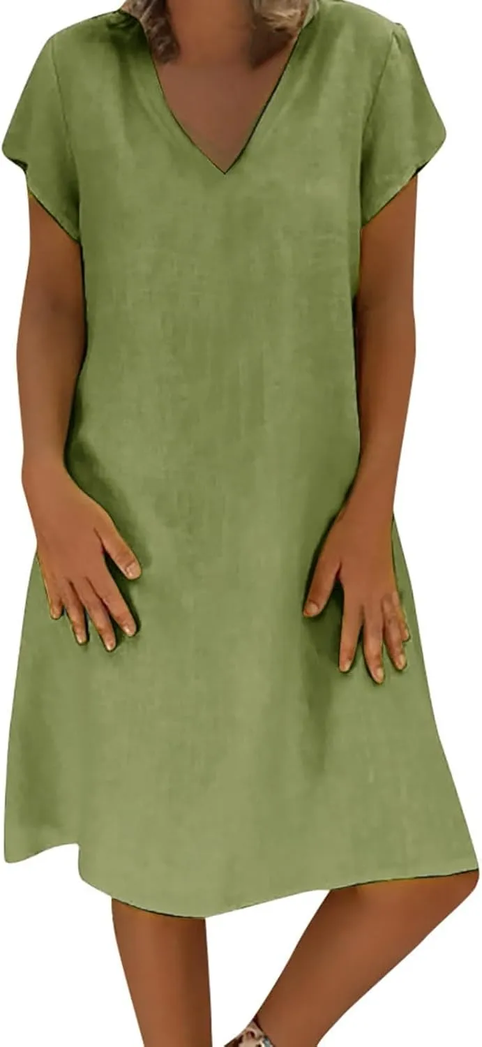 Casual Mini Dresses For Women Summer Cotton Linen V-neck T Shirt Sundresses Loose Fit Solid Beach Vacation Dress