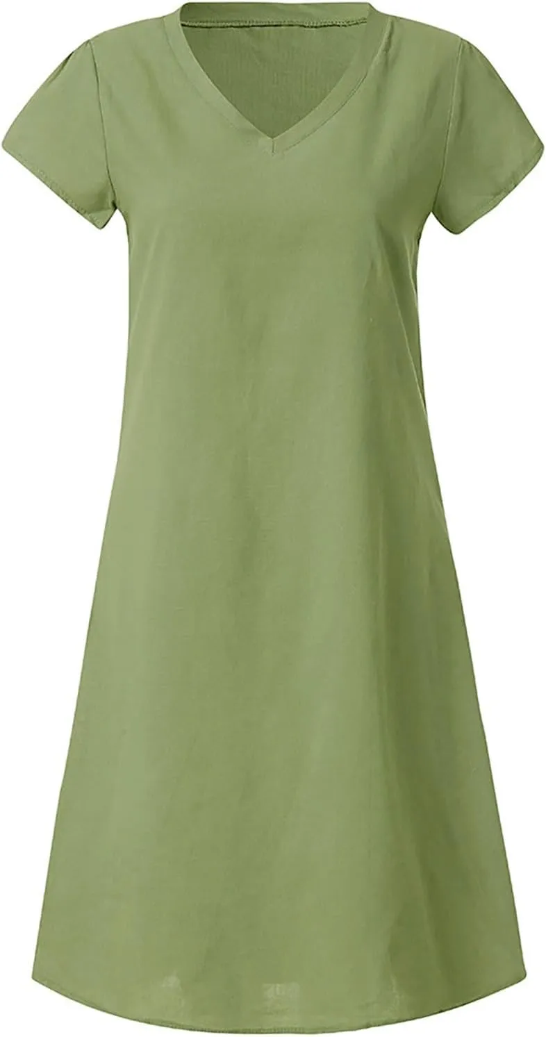 Casual Mini Dresses For Women Summer Cotton Linen V-neck T Shirt Sundresses Loose Fit Solid Beach Vacation Dress