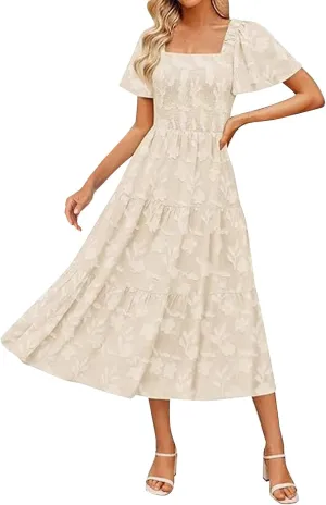 Casual Summer Dresses for Women 2025,Women's Cotton Summer Boho Floral Printed Midi Dresses Elegant Square Neck Dress