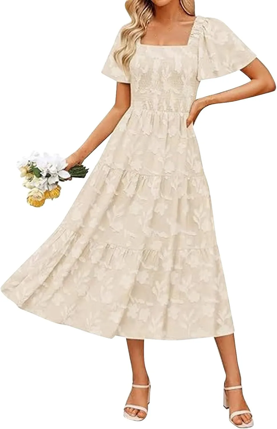 Casual Summer Dresses for Women 2025,Women's Cotton Summer Boho Floral Printed Midi Dresses Elegant Square Neck Dress