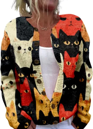 Cat Sweaters for Women Cute Button Up Cardigan Oversized 2024 Fall Fashion Crewneck Dressy Trendy Tunic Sweater