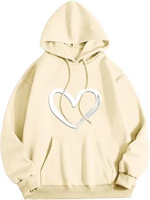 Ceboyel Women Trendy Hoodies Love Heart Print Graphic Sweatshirt Pullover Drawstring Long Sleeve Tops Cute Fall Clothes 2023