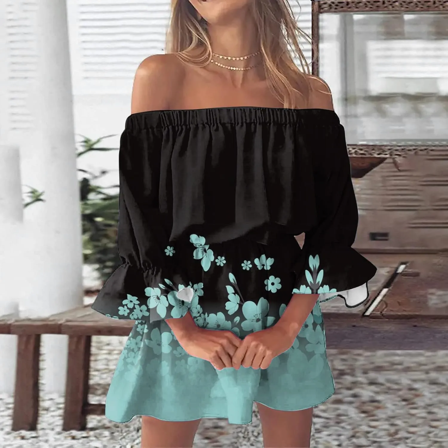 Ceboyel Womens Floral Ruffle Dress Off The Shoulder Summer Skater Dresses Boho Short Sundress Cruise Beach Vacation Clothes