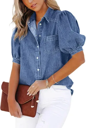 CHARTOU Women's Casual Washed Distressed Puff Sleeve Denim Button Down Shirt Jean Jacket Coat