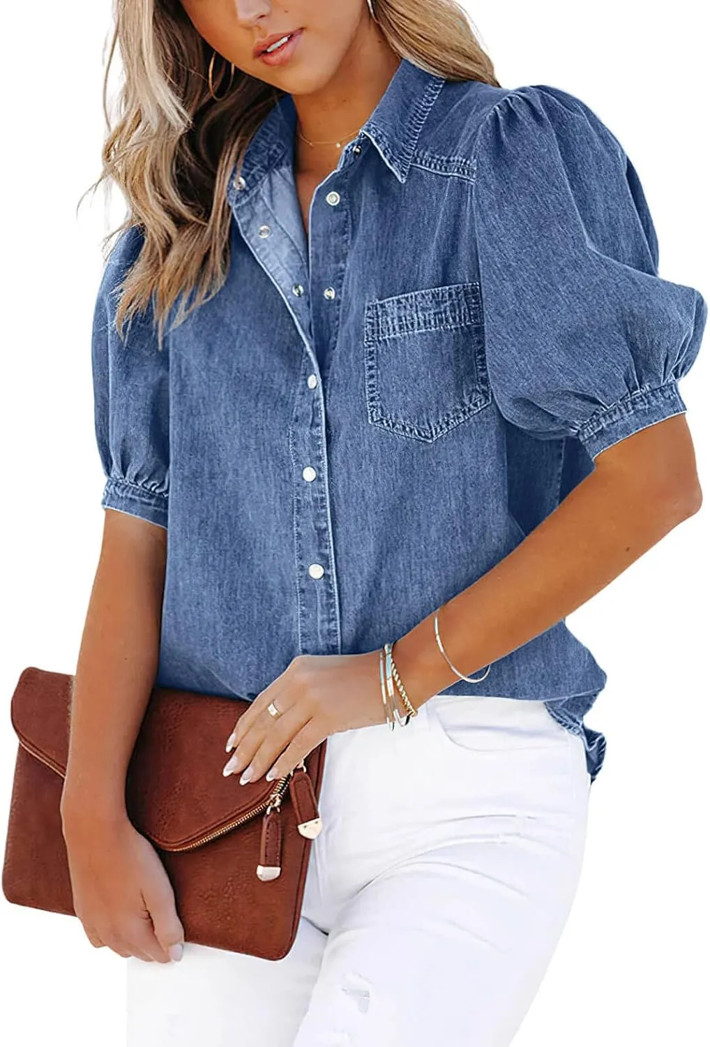 CHARTOU Women's Casual Washed Distressed Puff Sleeve Denim Button Down Shirt Jean Jacket Coat