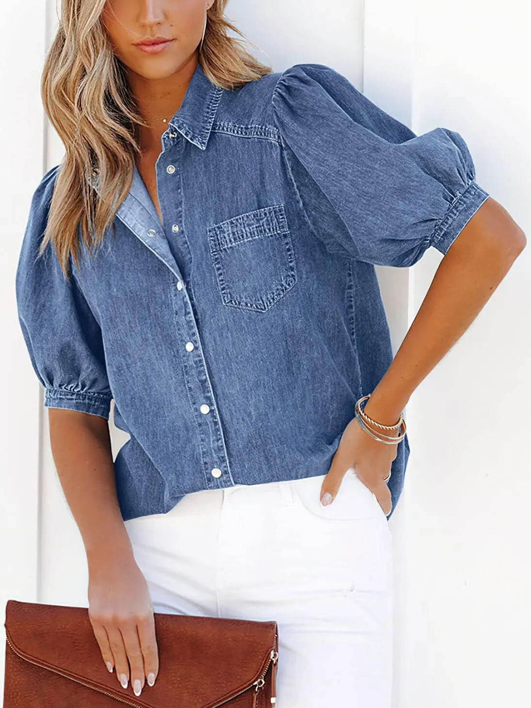 CHARTOU Women's Casual Washed Distressed Puff Sleeve Denim Button Down Shirt Jean Jacket Coat