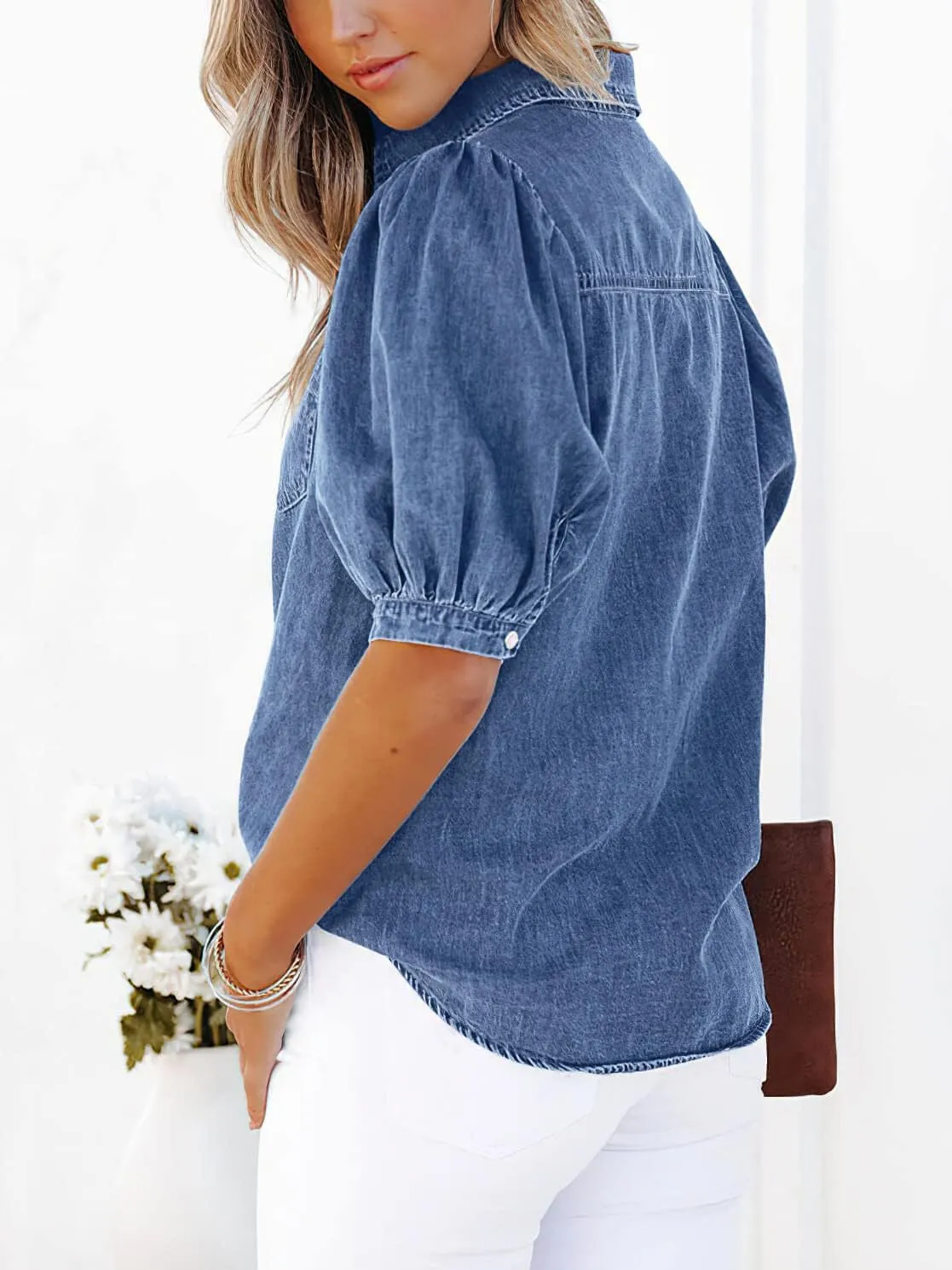 CHARTOU Women's Casual Washed Distressed Puff Sleeve Denim Button Down Shirt Jean Jacket Coat