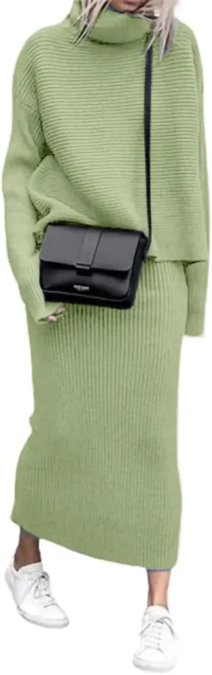 chouyatou Women's Turtleneck 2 Piece Outfits Ribbed Knit Sweater Midi Pencil Skirt Set