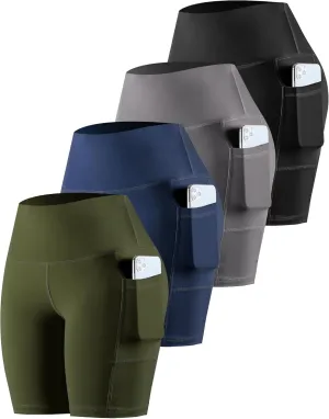 CHRLEISURE Womens Biker Yoga Shorts with Pockets: High Waisted Tummy Control Spandex Workout Athletic Gym Shorts 4 Packs