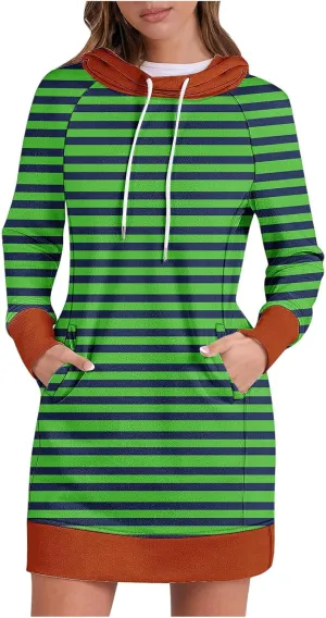 Colorful Striped Hoodie Dress for Women Fleece Lined Long Sleeve Casual Winter Contrast Sweatshirt Dress Resort