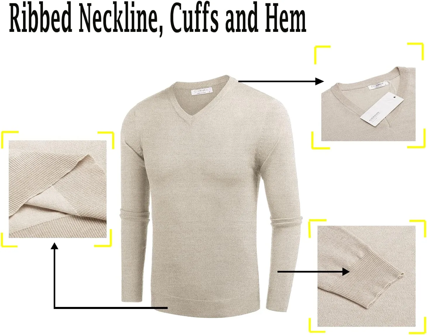 COOFANDY Men Casual V Neck Sweater Ribbed Knit Slim Fit Long Sleeve Pullover Top