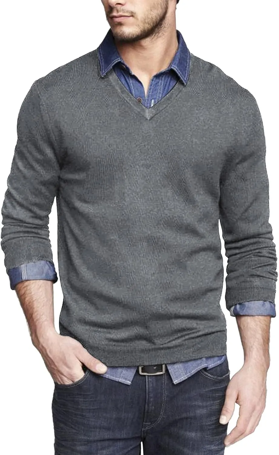 COOFANDY Men Casual V Neck Sweater Ribbed Knit Slim Fit Long Sleeve Pullover Top