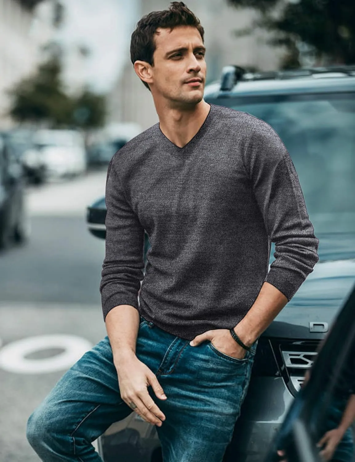 COOFANDY Men Casual V Neck Sweater Ribbed Knit Slim Fit Long Sleeve Pullover Top