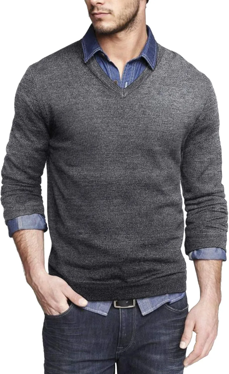 COOFANDY Men Casual V Neck Sweater Ribbed Knit Slim Fit Long Sleeve Pullover Top