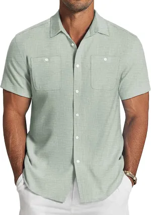 COOFANDY Men's Linen Shirt Beach Summer Short Sleeve Button Down Casual Shirts