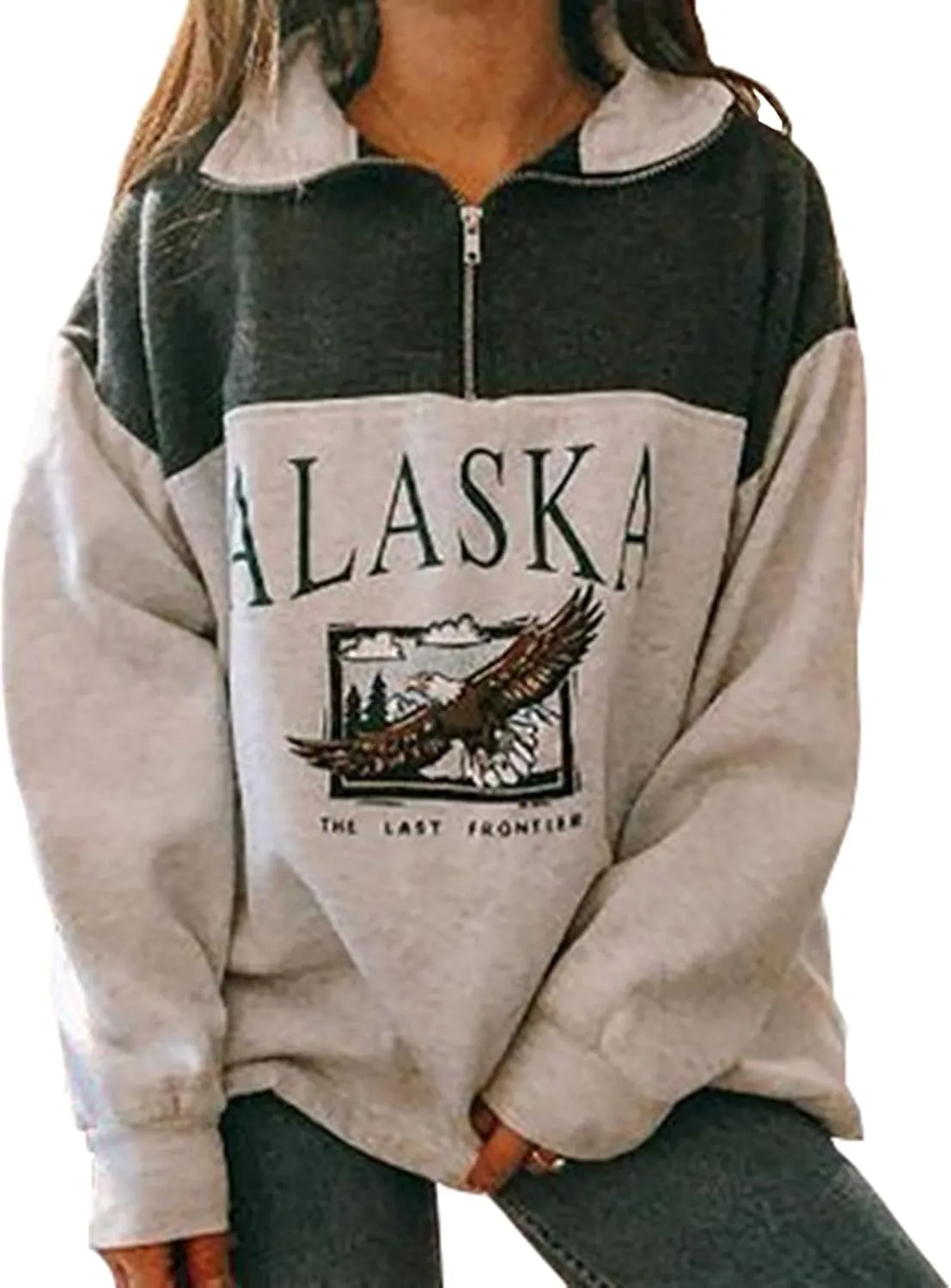 COOLMONAR Women Oversized Sweatshirt ALASKA Eagle Letter Collar Hoodie 1/4 Zipper Pullover Aesthetic Vintage Jacket