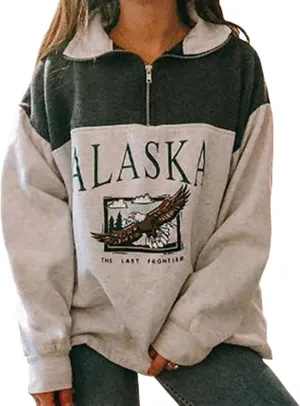 COOLMONAR Women Oversized Sweatshirt ALASKA Eagle Letter Collar Hoodie 1/4 Zipper Pullover Aesthetic Vintage Jacket