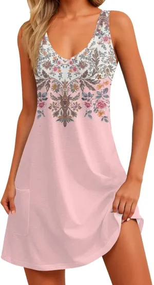 COTECRAM Women's Summer Dresses 2024 Beach Casual Sleeveless Floral Print Boho Tank Dress V Neck Loose Sundress with Pockets