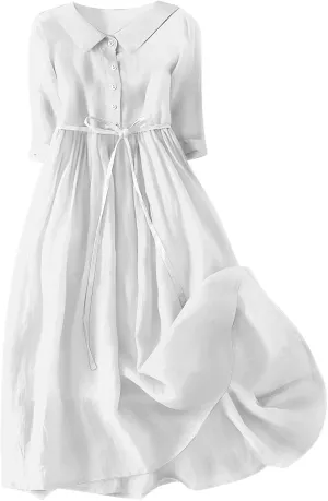 Cotton Linen Dresses for Women 2025 Maxi Button Down Lapel A Line Dress Trendy 3/4 Sleeve Comfy Beach Sundresses