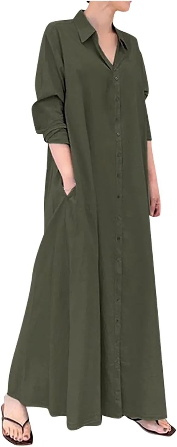 Cotton Linen Dresses for Women,2024 Summer Trendy Lapel Button Down Maxi Dress,Casual Loose Long Sleeve Beach Dress