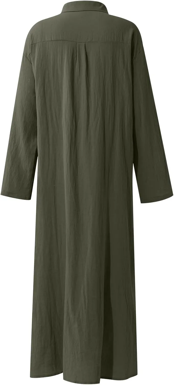 Cotton Linen Dresses for Women,2024 Summer Trendy Lapel Button Down Maxi Dress,Casual Loose Long Sleeve Beach Dress
