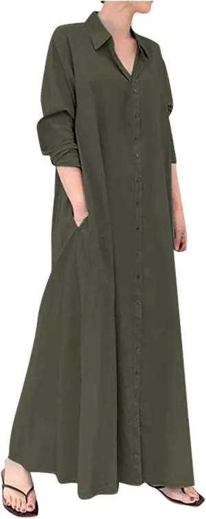 Cotton Linen Dresses for Women,2024 Summer Trendy Lapel Button Down Maxi Dress,Casual Loose Long Sleeve Beach Dress