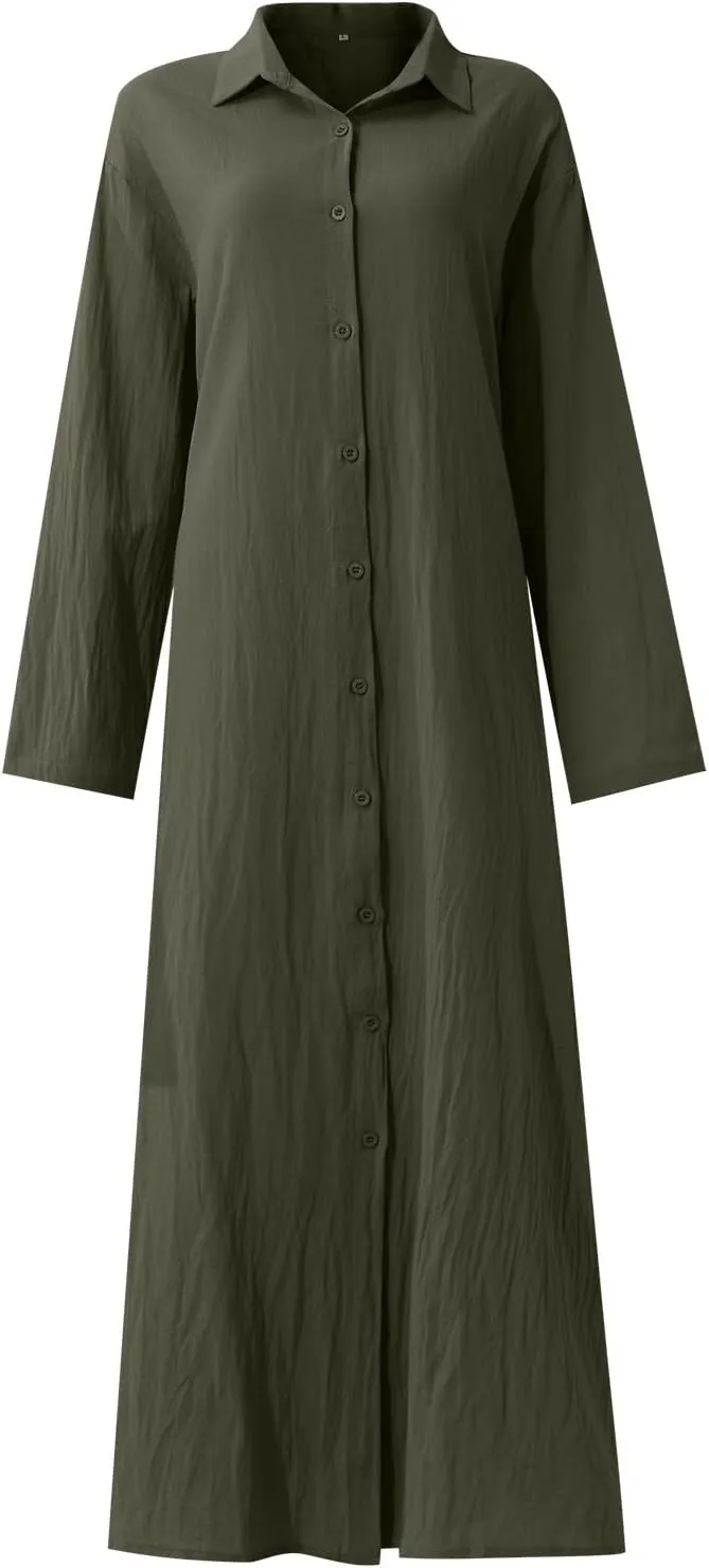 Cotton Linen Dresses for Women,2024 Summer Trendy Lapel Button Down Maxi Dress,Casual Loose Long Sleeve Beach Dress